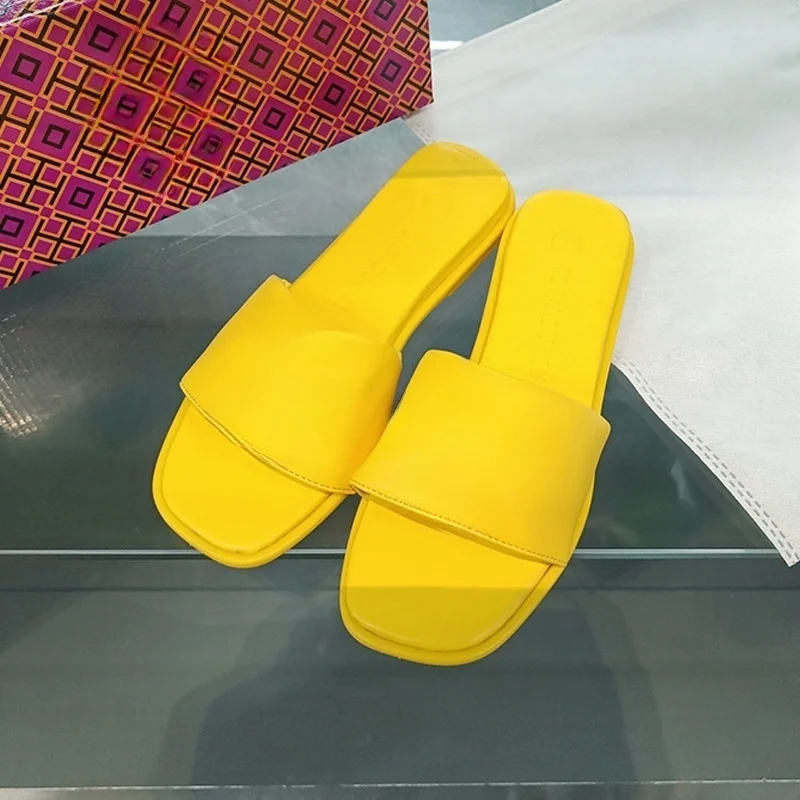 Fashion Faux Leather Sandals Women 2026 Summer Flat Square Toe Flip Flops Non Slip Beach Casual Thong Slippers