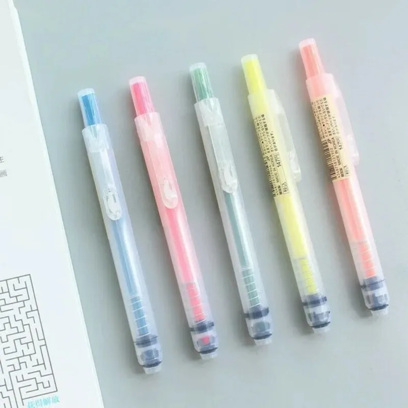 5Pcs Highlighter Pen Twin Color Marker Pen Japan MUJIs Style Double Head Frame-Designed Tip Tick Pen Colors Marking Stationery