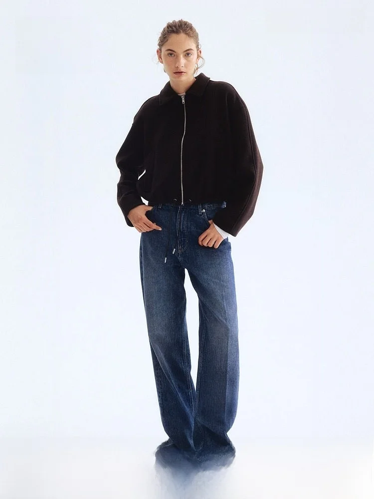 

H&M Новая летняя женская короткая куртка из смесовой шерсти свободного кроя с карманами на молнии, верхняя одежда из полиэстера и шерсти для женщин