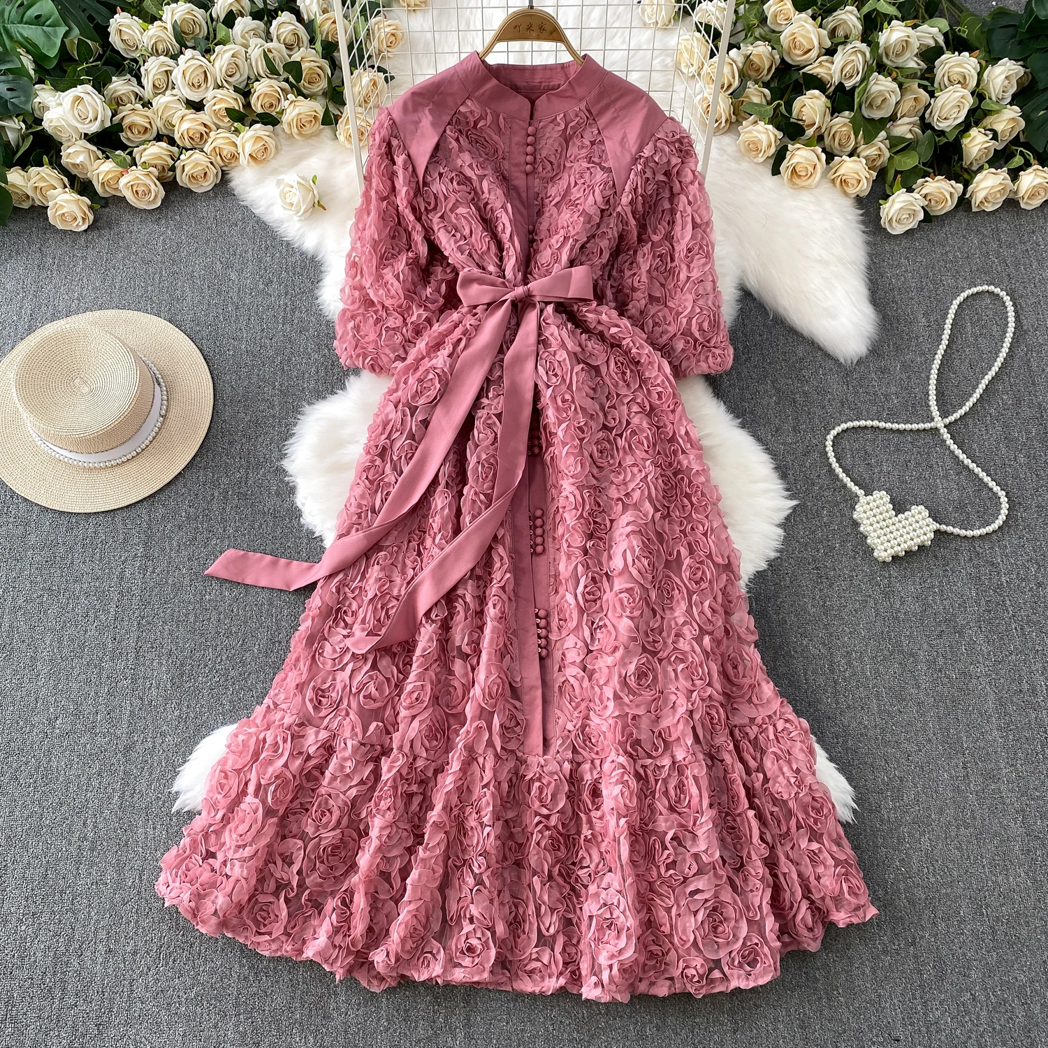 فستان أنيق ثلاثي الأبعاد بأكمام منتفخة على شكل زهرة للنساء فستان صيفي أنيق مكشكش للأميرة بمزاج متين #3