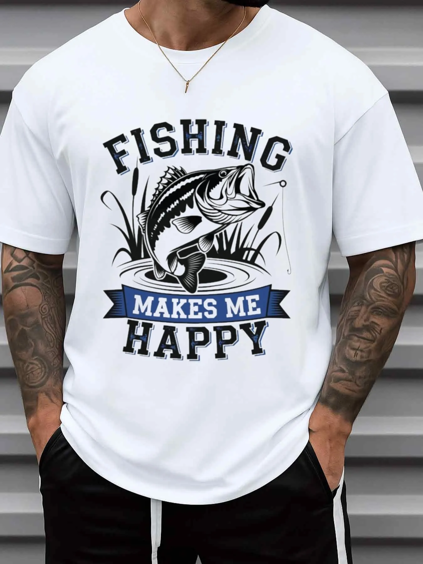 Fishing Fun T-Shirt White Crew Neck T-Shirt, Casual Short Sleeves, Perfect for Summer Sports and Leisure Wear, Ideal Choice for 60-Year-Old Men, Fun Christmas Gift