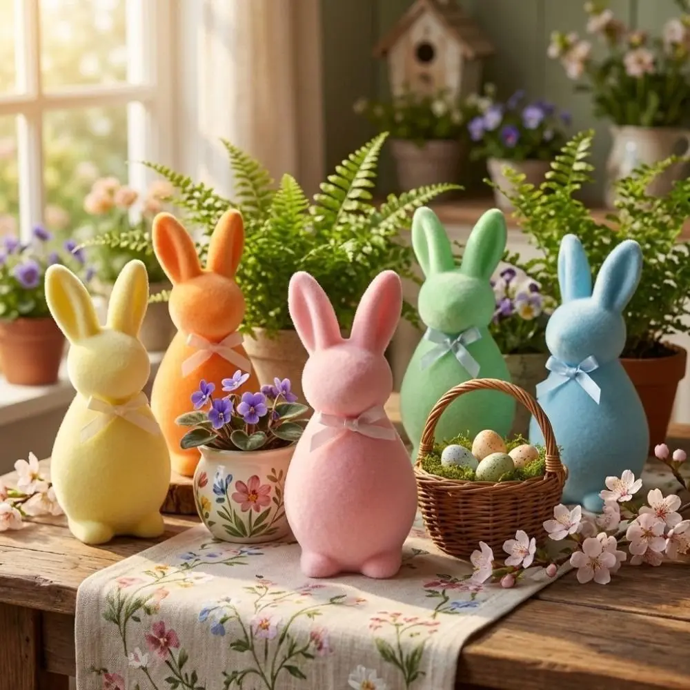 Handmade Foam Flocked Rabbit Figures Solid Color Easter Bunny Statue 3D Standing with Bow Bunny Sculpture Garden Decor