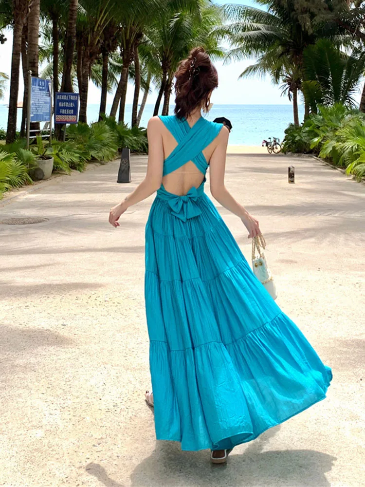 Bleu pur désir noeud Neline Dr femmes plage Vaion Sexy épicé Bal longue Dr vacances Sle jupe portefeuille