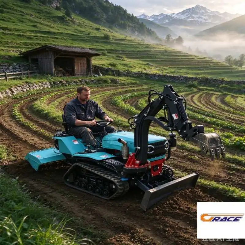 Mini Crawler Tractor Machine, Optional Attachments Excavator Arm, Wood Grapple, Breaker Hammer, Soil Auger