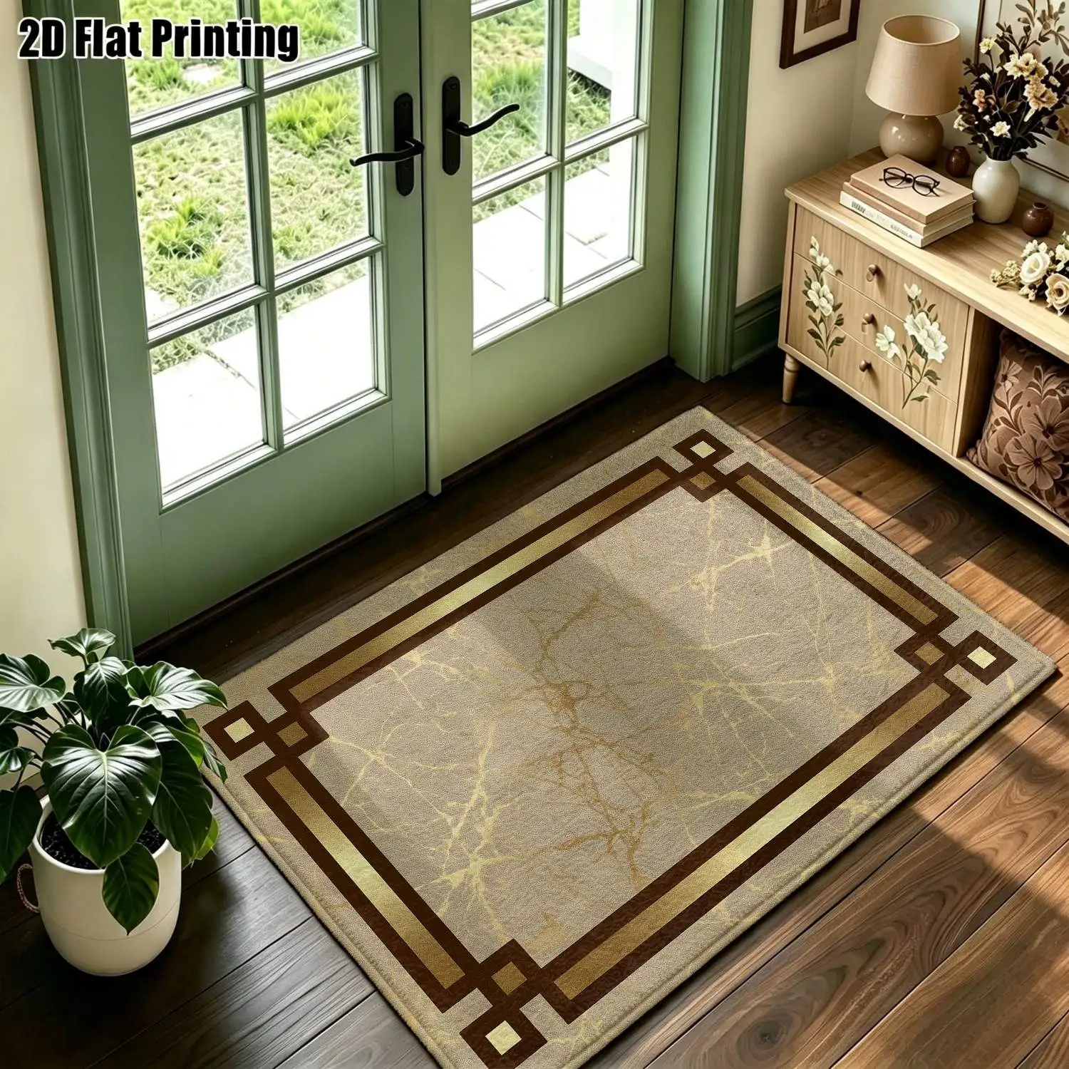 1Pc 2D Printed Beige Cracked-Pattern Border Carpet European Retro Geometric Rug for Home Decor, Multi-Size, Machine Washable, Suitable for Entryway, Dining Room, Foyer, Bedroom, Living Room.