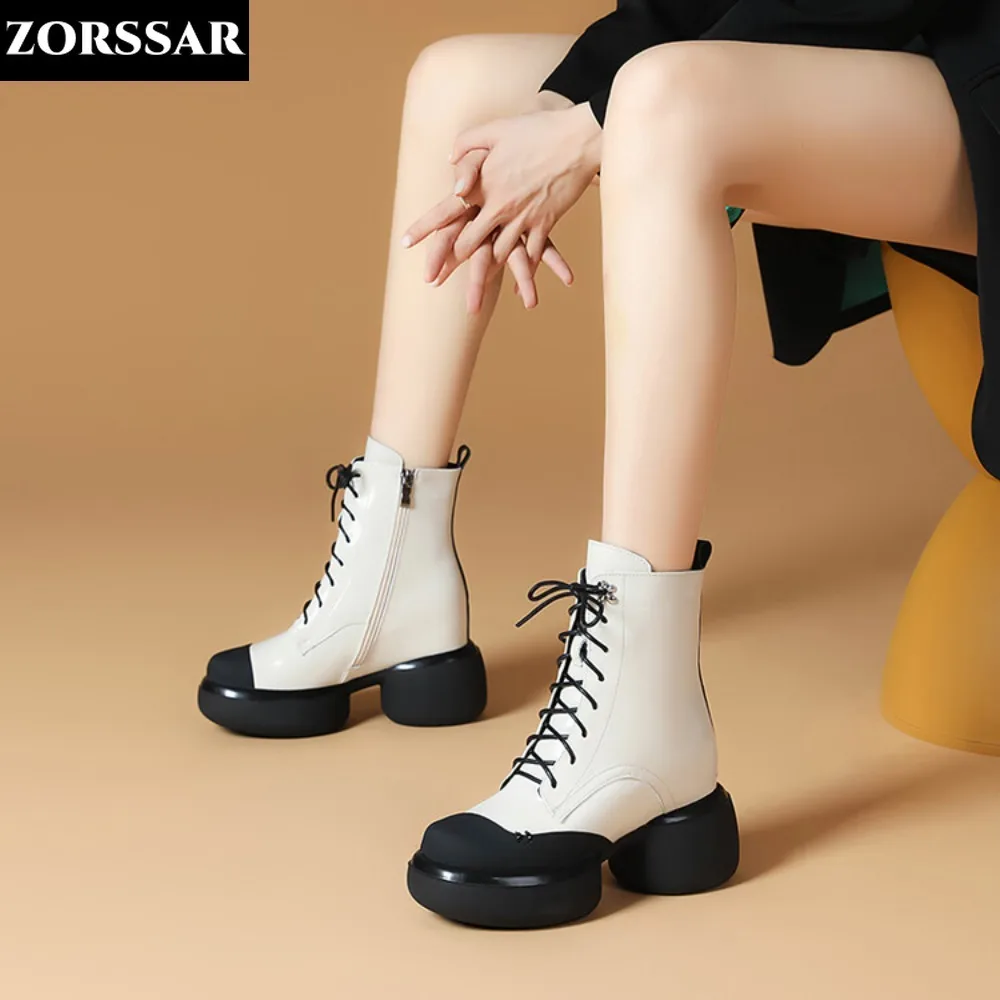 

INS Women's Ankle Boots Real Cow Leather Chunky Shoes Woman Platform Height Increased Sneakers 10CM Thick Soled Wedges Booties