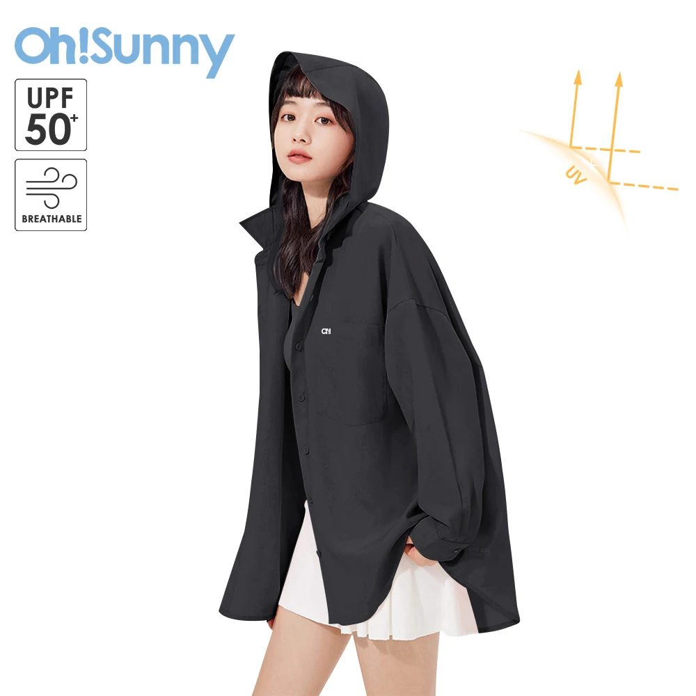 

OhSunny Overshirt Summer Outdoor Anti-UV Thin Breathable Sunscreen Coats Hooded Sun Protection Blouse Solid Loose Long Sleeve