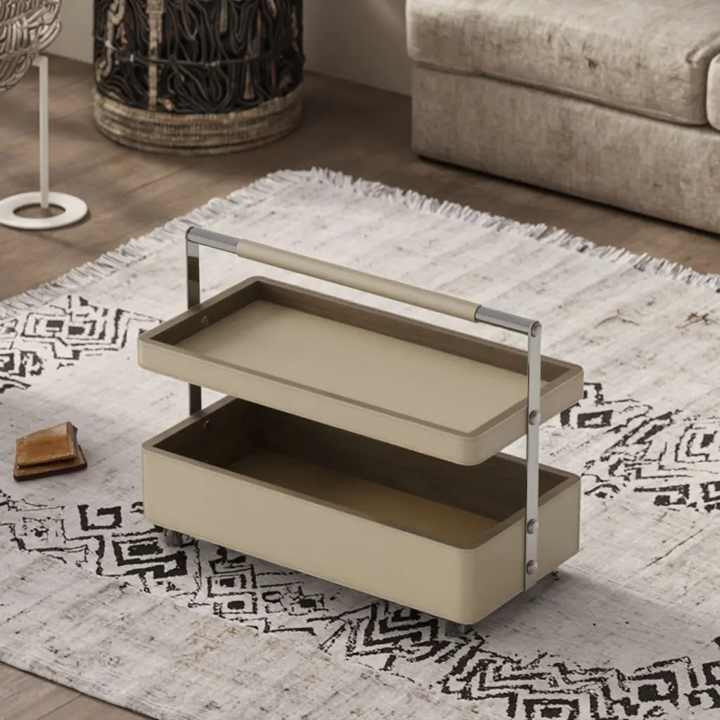 High-End Italian Style Saddle Leather Mobile Coffee Table With Wheels - Luxury Living Room Sofa Side Table With Storage Function