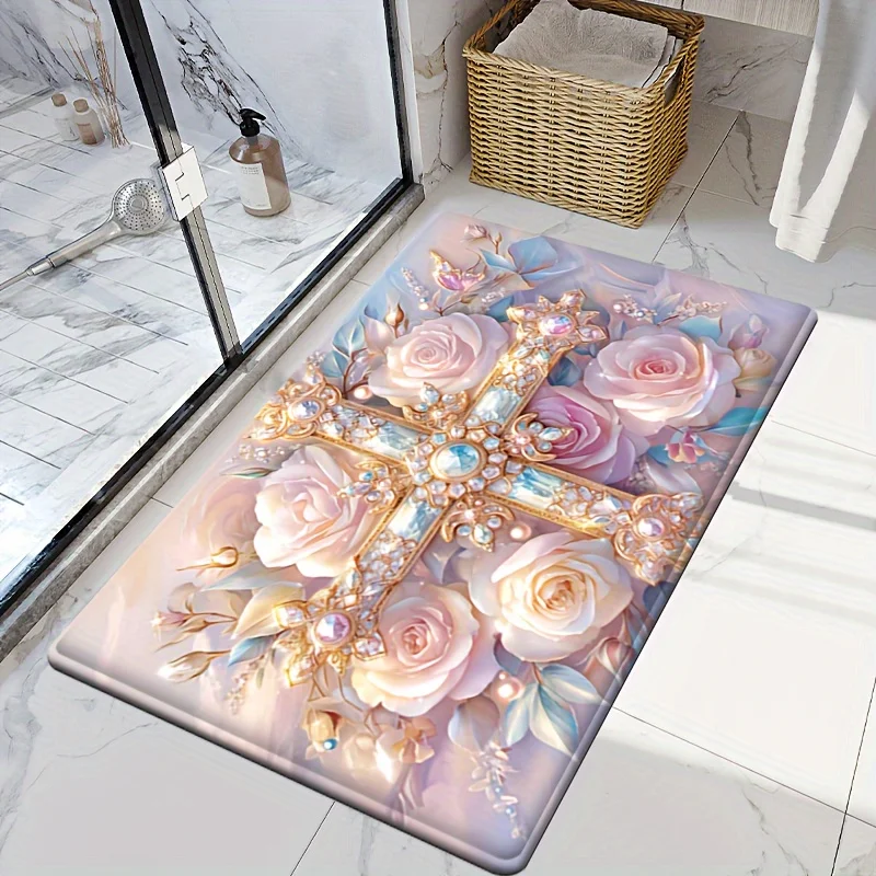 Modern Pink Floral Cross Print Soft Carpet Bathroom Non-silp Doormat Suitable for Livingroom Entrance Decorative Accessories Pad