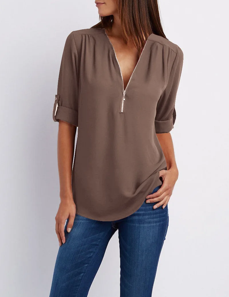 Zipper Short Sleeve Women Shirts Sexy V Neck Solid Color Loose Chiffon Blouse Top Office Lady Casual Oversize T-shirt