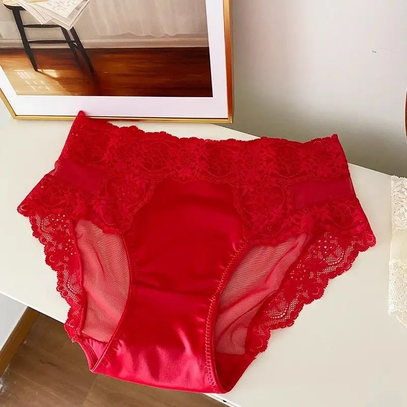 Big size Year of life red underwear women mid-waist belly wrap hip women sexy lace briefs summe lingerie  panties