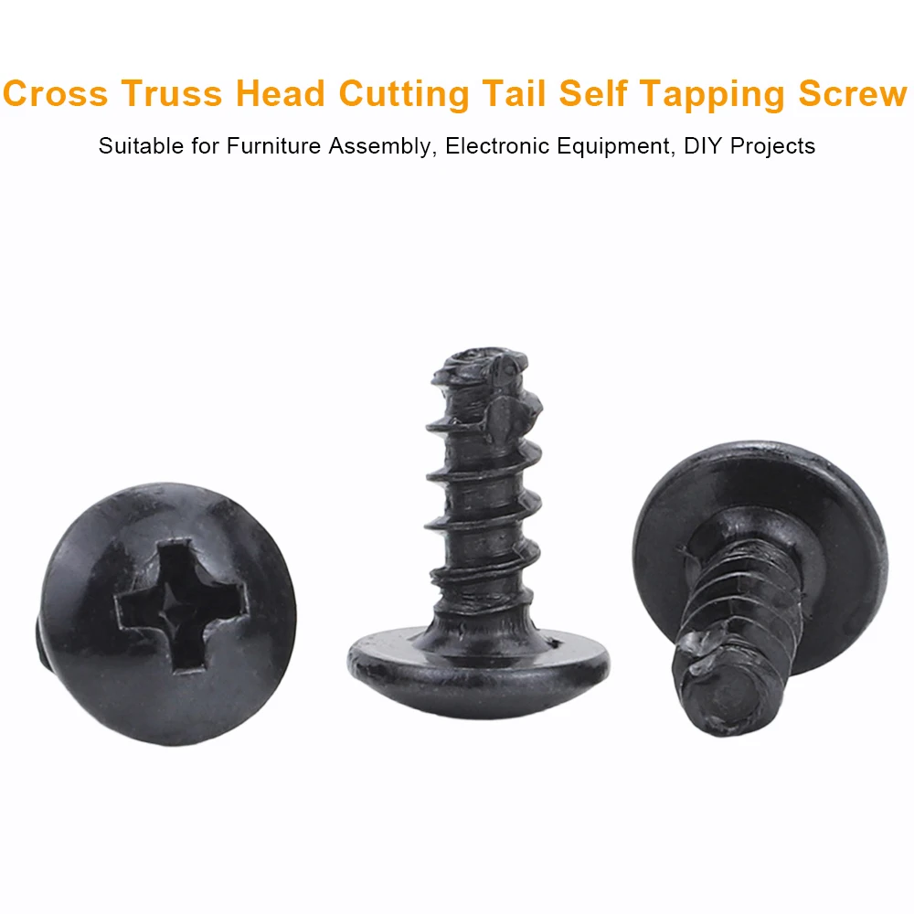 JUIDINTO Phillips Truss Head Cutting Tail Self Tapping Screws Black Plated Carbon Steel Recessed Cross Mashroom Head Screw M3 M4
