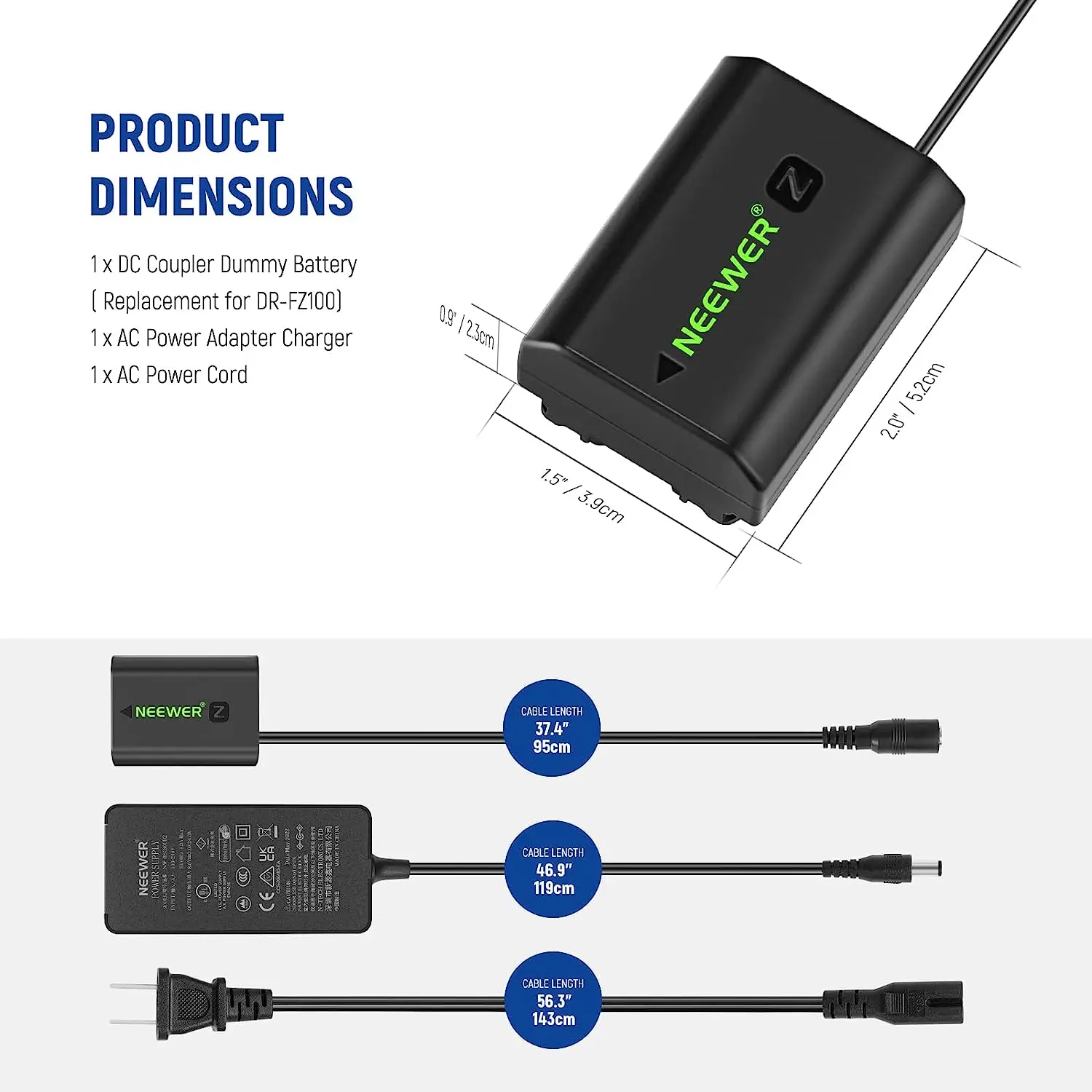 Neewer NP-FZ100 AC Power Supply Adapter and DC Coupler Dummy Battery Charger Kit for Sony ZV-E1, FX3, FX30, A1, A9 II, A7R III