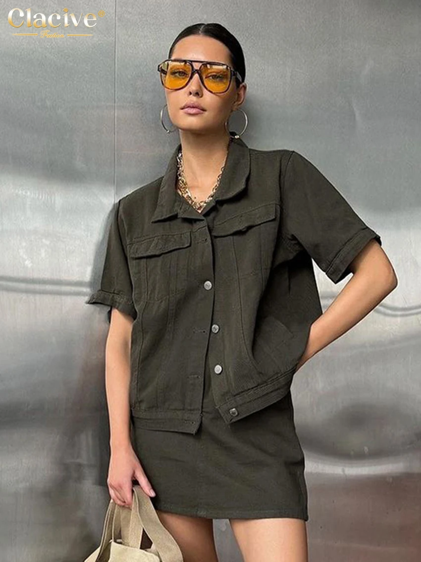 

Clacive Summer Loose Gray Cotton Women's Two Pieces Set 2025 Fashion Short Sleeve Shirt With High Waist Mini Skirt Set Female