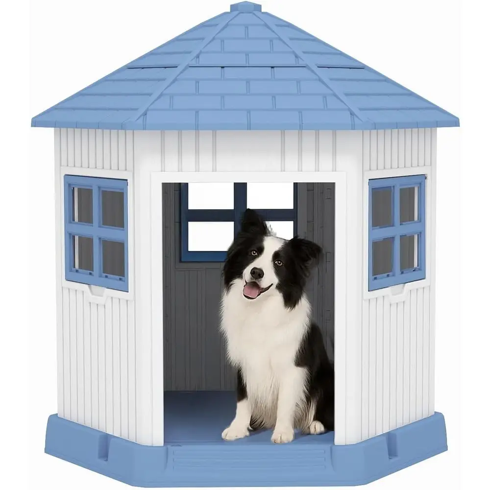 

Indoor Outdoor Durable Large Dog House Shelter Window Elevated Floor For Small Medium Dogs Blue 34.8×30.51×36.89Inch