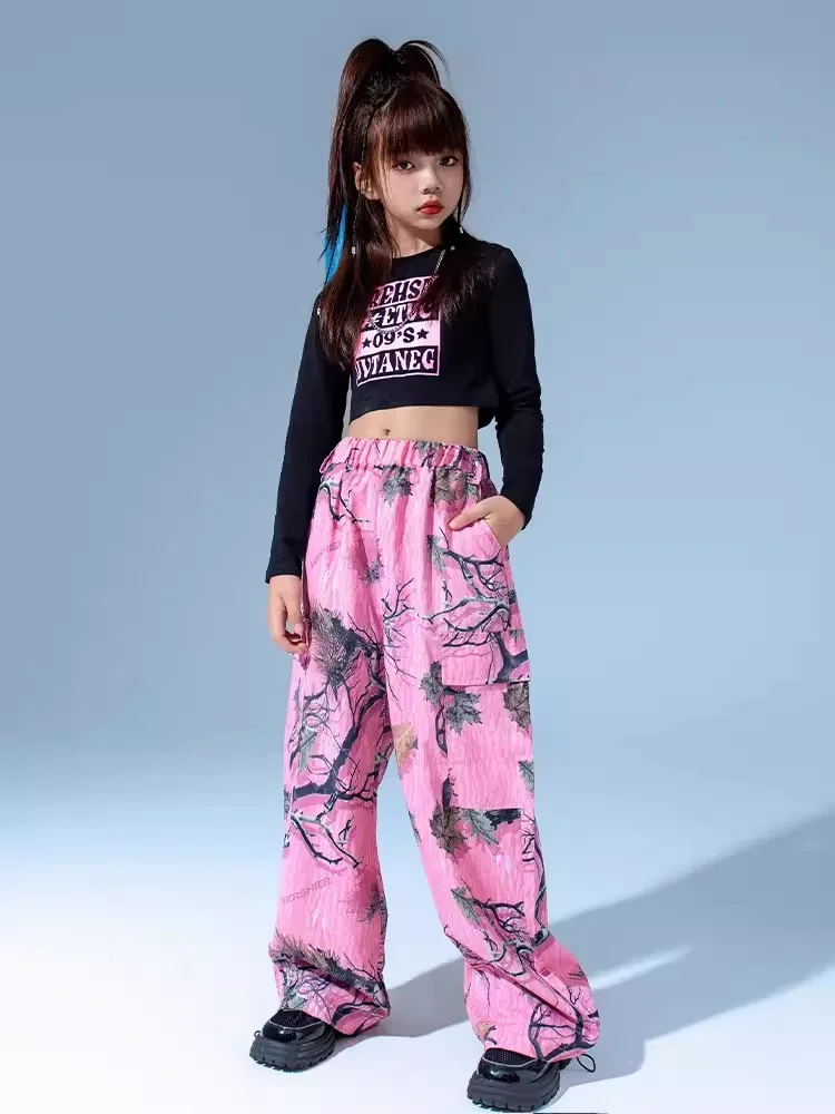 Fato de dança de jazz infantil, roupa de Kpop, tops recortados, calça rosa, roupas hip hop, roupas de palco, BL11817