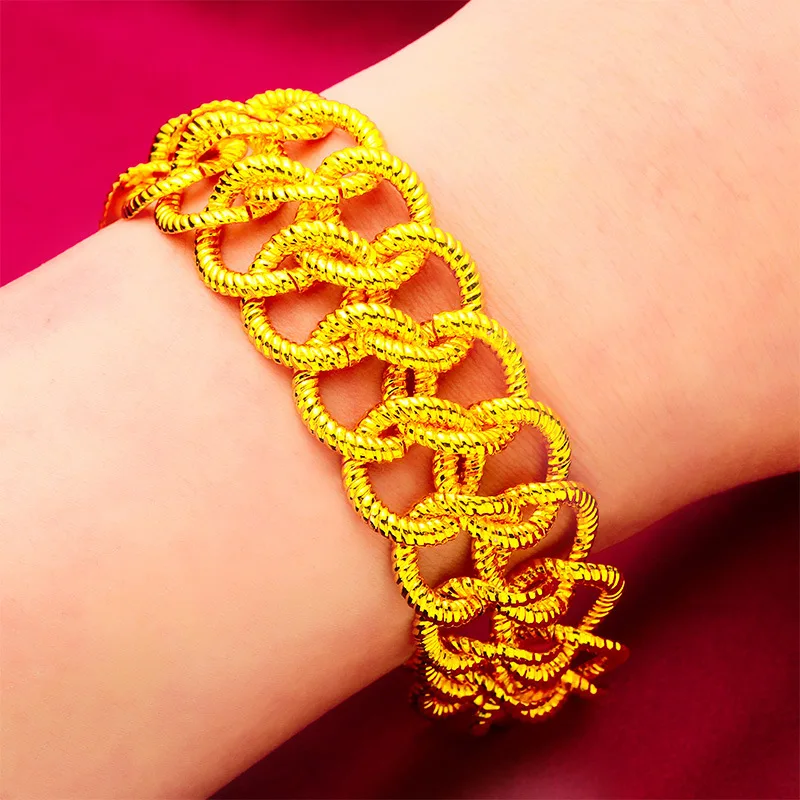 

AU999 24K Gold Men's Double-Twist Wide Bracelet - Polished Twist + Matte Lines Contrast, Chiseled Gears-Wheat, Negotiation Full