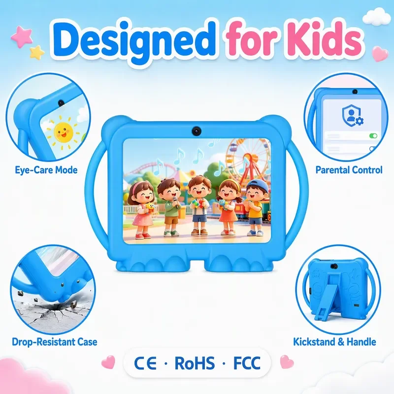 BOLRZO OEM 7-inch Kids Learning Tablet Android 12 4GB 32GB Shockproof Case, Eye Protection, Parental Control OEM Kids Tablet
