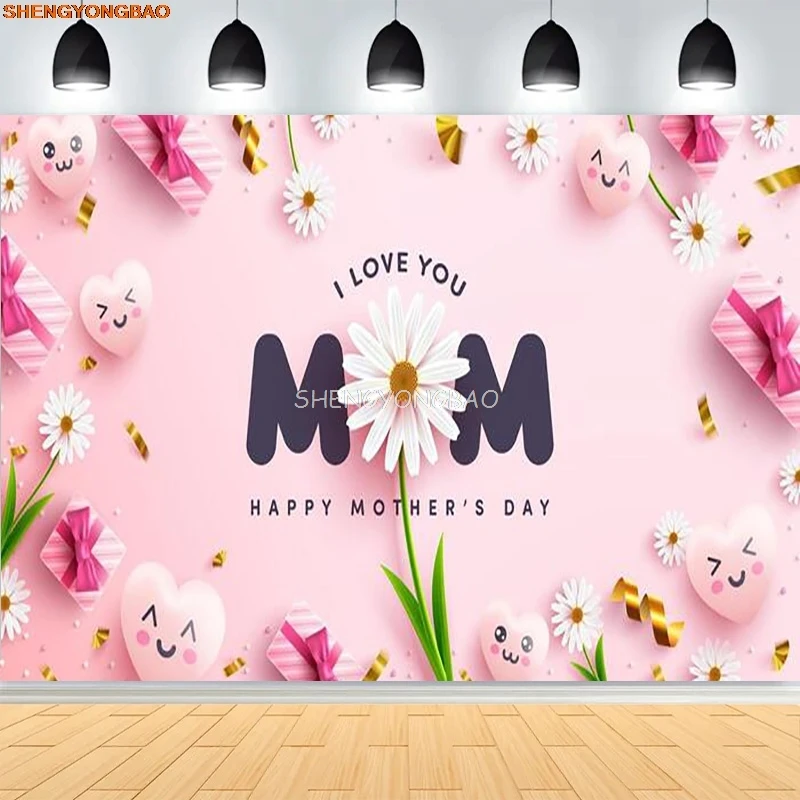

Happy Mother's Day Backdrop Red Pink Flower Butterfly Heart I Love You Mom Mother Portrait Photography Background Decor MO-04