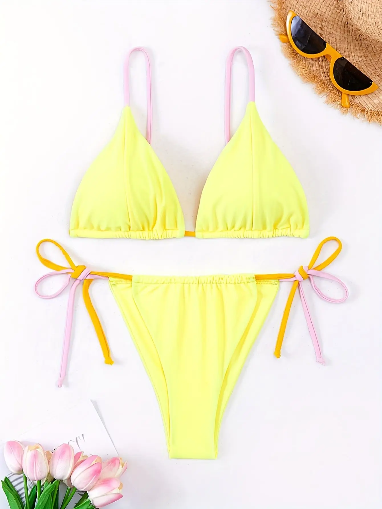 sexy yellow patchwork bikinis sets two pieces thong halter tie swimsuits bathing suit swimwear swimming suit biquini tankini