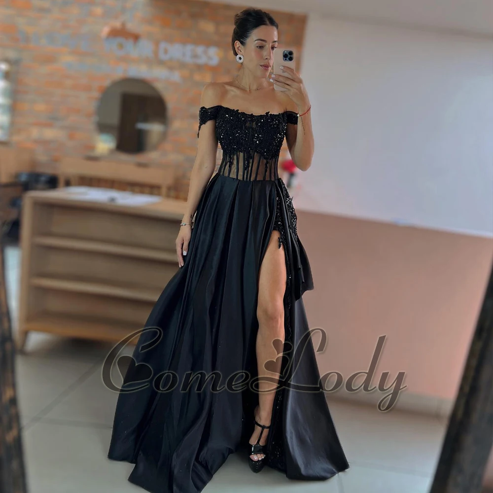 

Comelody Glamorous Satin Prom Dresses for Women Saudi Arabric Lace Appliques High Slit Pleat Off the Shoulder Zipper Customised