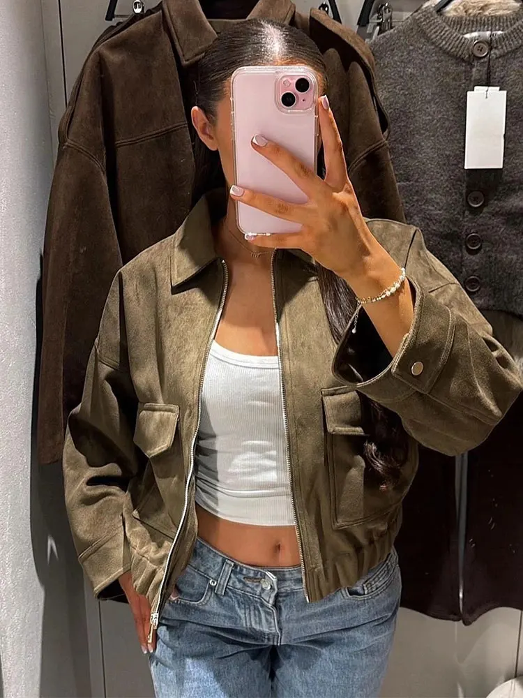 

HH 2025 осенние винтажные замшевые текстурированные куртки для женщин с длинными рукавами и карманами, украшенные однотонными лацканами на молнии, модное пальто, повседневная верхняя одежда