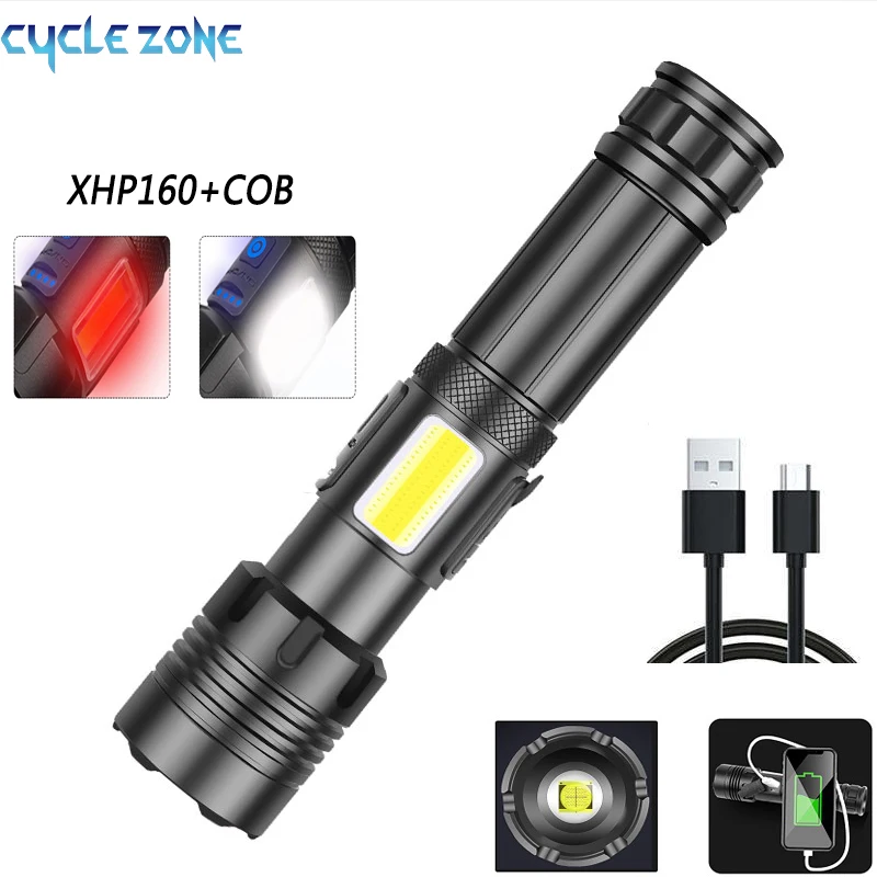 

Super Powerful XHP160 LED Flashlight XHP70 High Power Torch COB Light Flashlights 26650 Battery USB Rechargeable Camping Lamp