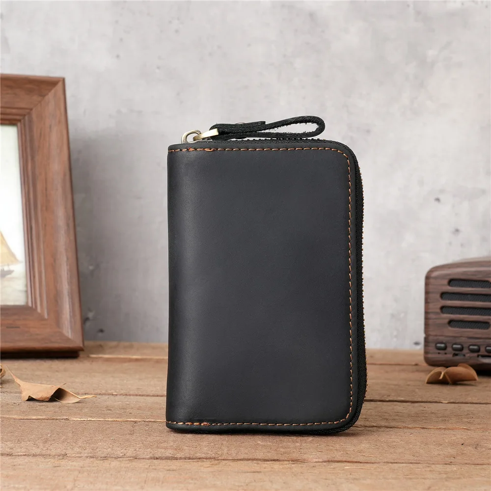 Man's Genuine Leather Key Holder With Card Pocket & 6 Key Hooks Portable Keychain Case  Zipper Card Wallet Small Coin Purse