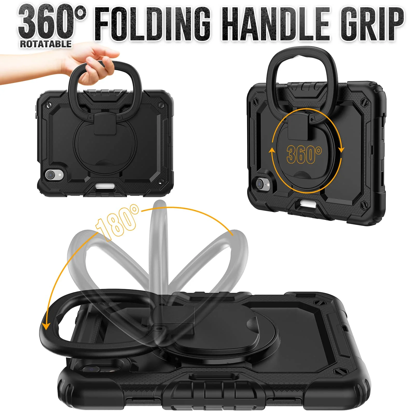 For iPad Mini 7 6 2024, Military Grade Shockproof Silicone Cover with 360 Folding Handle Grip + Handle Shoulder Strap