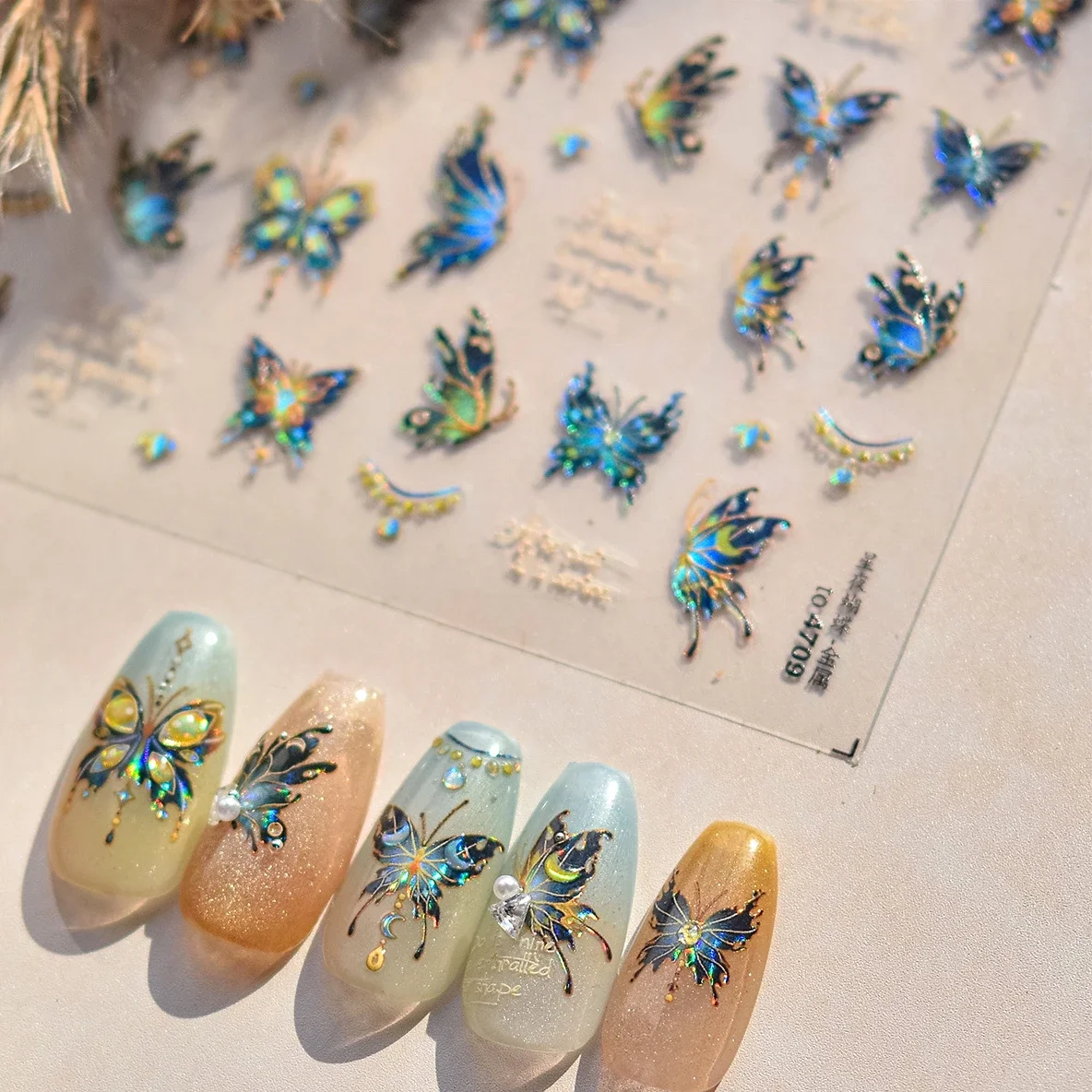 Shimmering Blue Yellow Gradient Butterfly Dreamy Jelly Feathers Rhinestone Crystal Luxury Wing Nail Art Stickers Manicure Decals