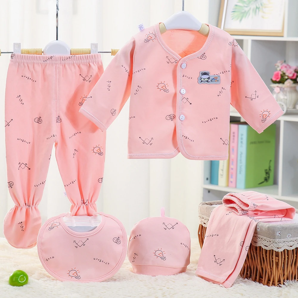 OVTRB 5 個新生児男の子女の子レイエットセット綿数学パターントップス帽子パンツよだれかけスーツ衣装服セット 0-3 メートル