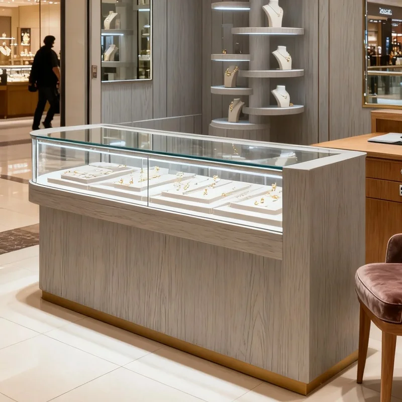 custom.Stainless Steel LED Recyclable Jewelry Display Glass Counter Durable Heavy-Duty Retail Furniture Jewelry Stores