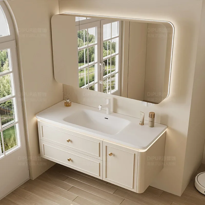 Modern Bathroom Cabinet Corian Integrated Ceramic Basin Oak Painted Cabinet French Premium Toilet Hand Wash Basin Combination
