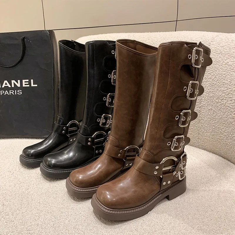 

Womens Knee-high Boots Fashion Western Cowboy Boots Casual Leather Boots for Women Belt Buckle Punk Boot Mid Calf Boot Botas2025