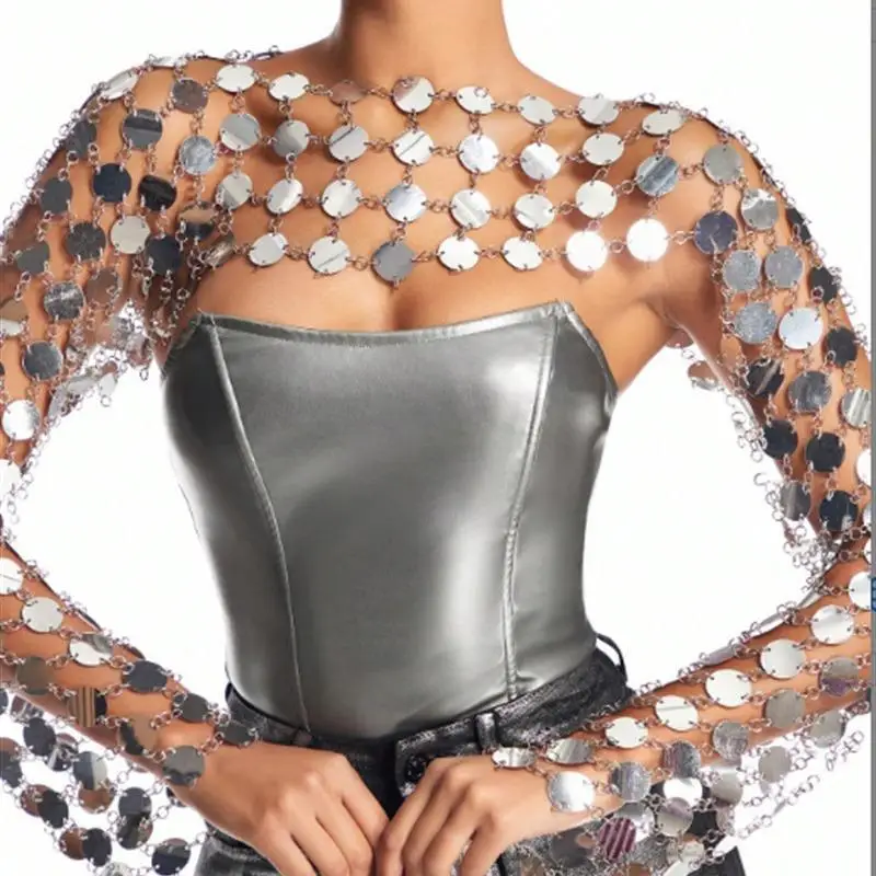 

Sexy Beaded Hollow out Metal Sequin Long Sve Top Women's Vest 2024 Trendy A-Line ort Length 3D Effect No Brand