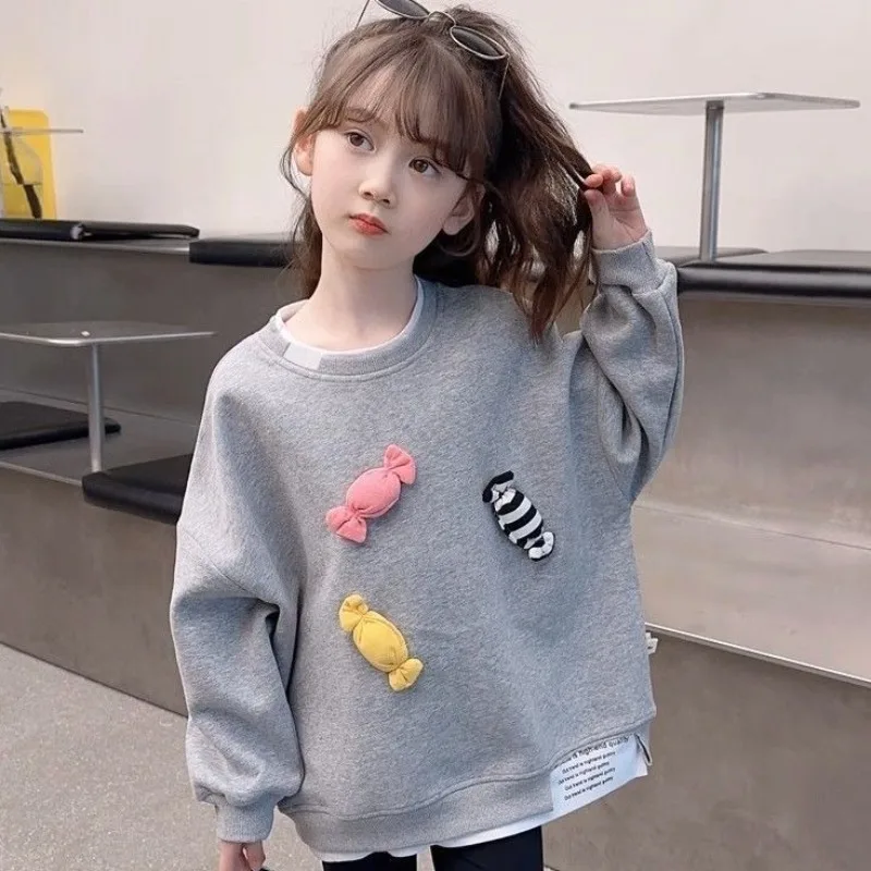

Girls' New Autumn/Spring Gray Wide Fit Long Sleeve Mid-Length Casual Sweatshirt for Mid-Big Kids