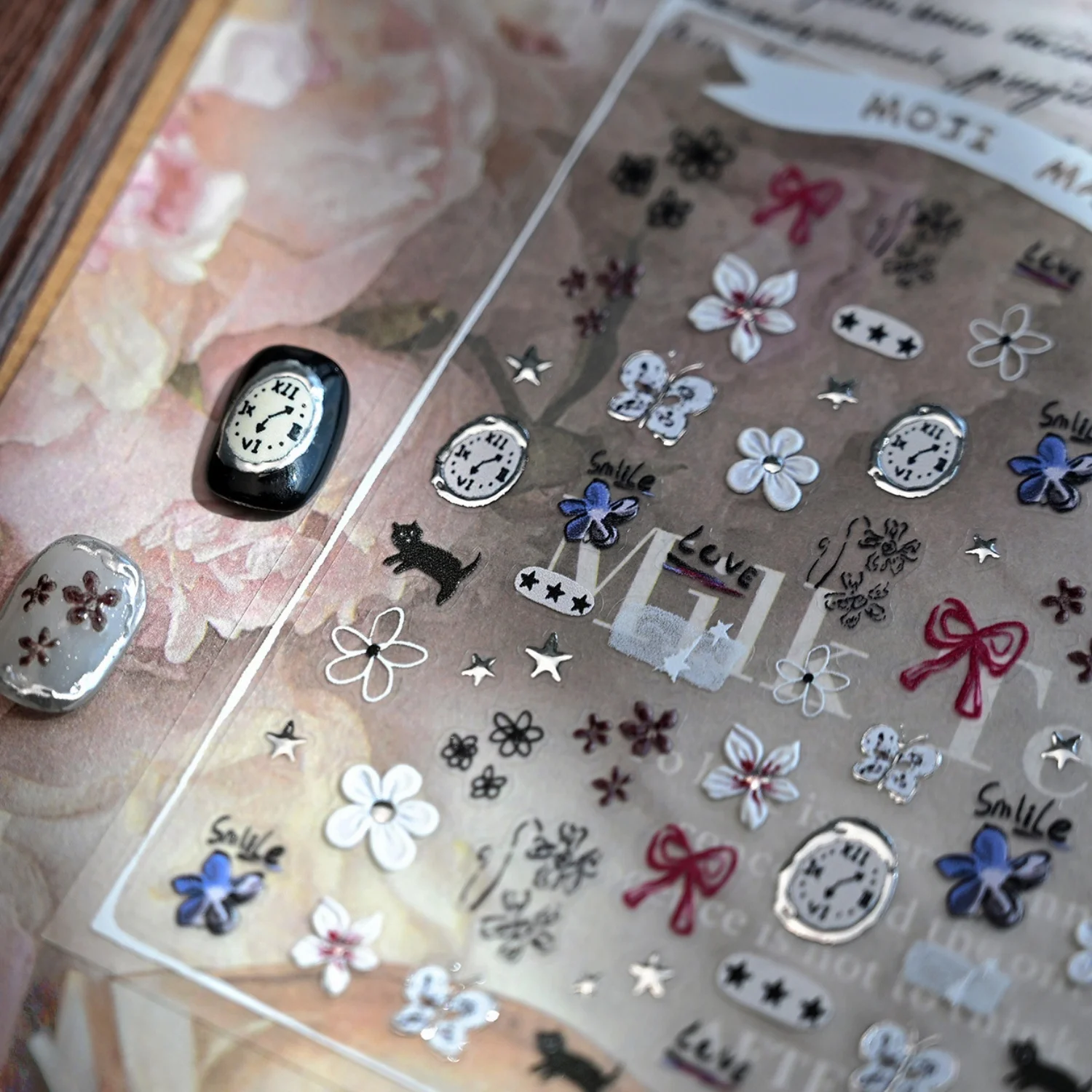 5D Cat Flower Rabbit Bowknot Apple Punk Love Heart Star Line Butterfly Clock Graffiti Self Adhesive Nail Sticker Manicure Decal