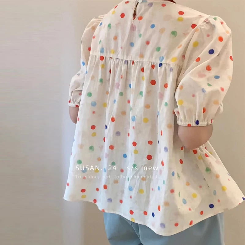 Colorful Polka-dot Short sleeve Puff Sleeve Shirt Women  Summer New Korean Sweet Round Collar Pleated Loose Tops Clothes 1975