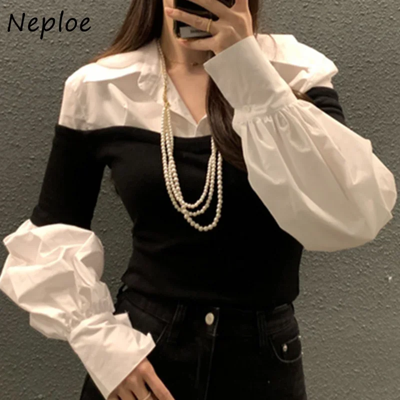 Neploe Turn Down Collar Fake Two Piece Blouses Long Sleeve Contrast Color Patchwork Shirts Vintage Blusas Mujer De Moda 2024