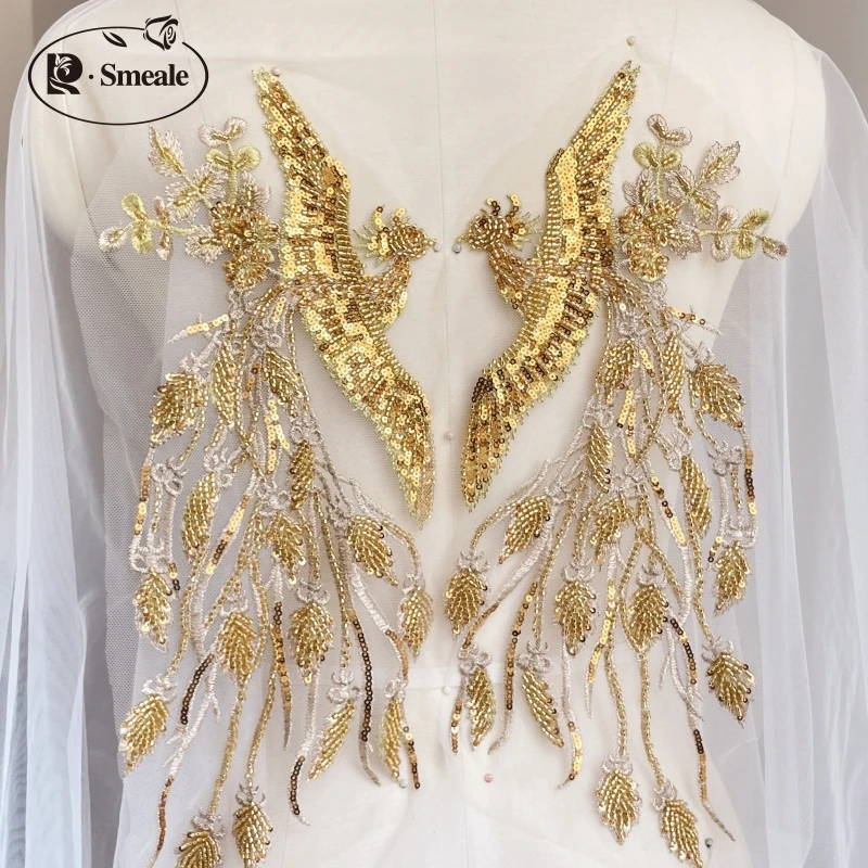 

Beading Phoenix 3D Applique, Mirrored Flower, Sequin Tube, Bead Lace Patch, Cheongsam Coat, Children's Decorative,RS4227,38x16cm