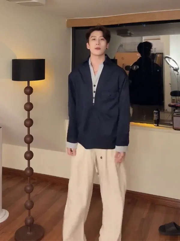 

Korean Style V-Neck Color Block Long Sleeve Loose Casual Shirt Men's Fashion Lazy Style Polyester Fiber Autumn Spring Shirt