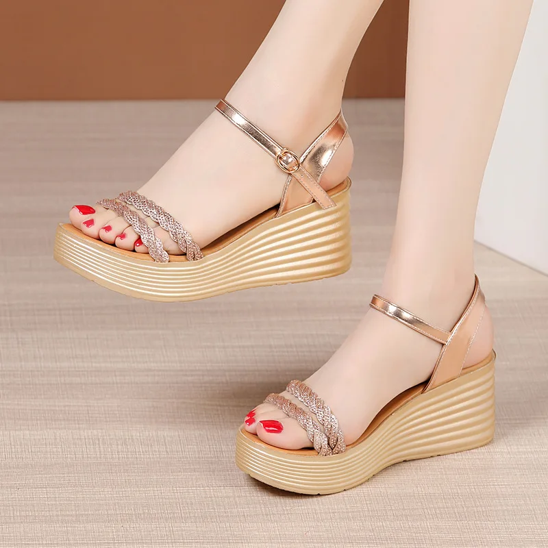 

Bling Fashion Sandals in Leather Women's Heels for Ladies Shoe Summer Sandals 2025 Wedge Heel Luxury Woman Sandals Dress 33-43