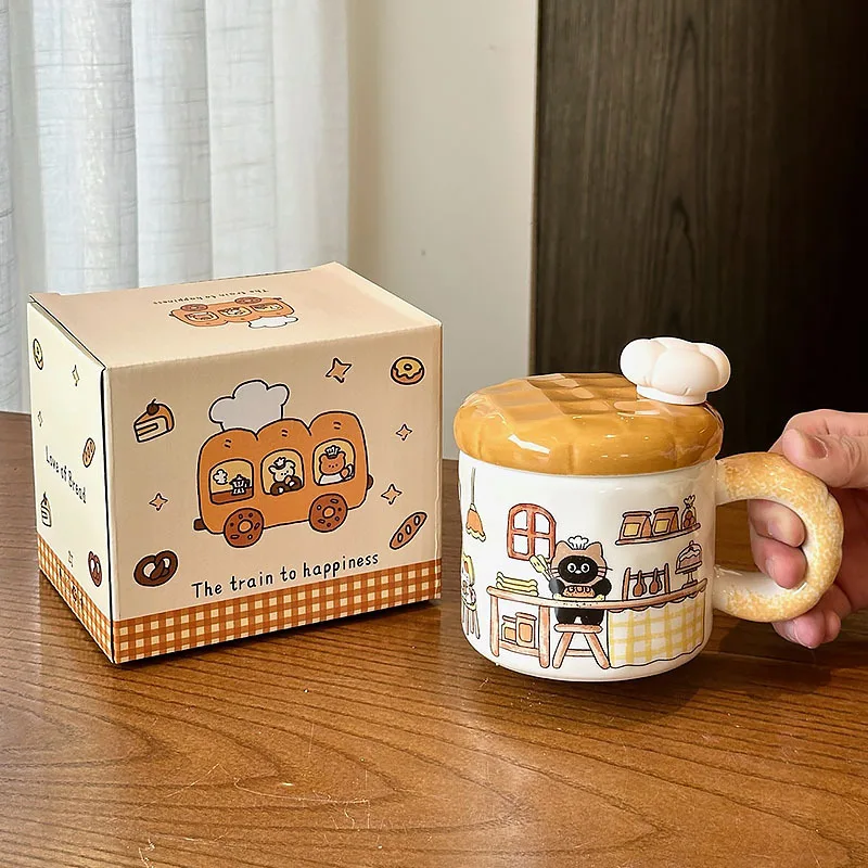 Bread Cat Creatieve Waterbeker Vrouwelijke Hoge Kwaliteit Keramische Mok met Deksel Thuis Drinkwater Verjaardagscadeau