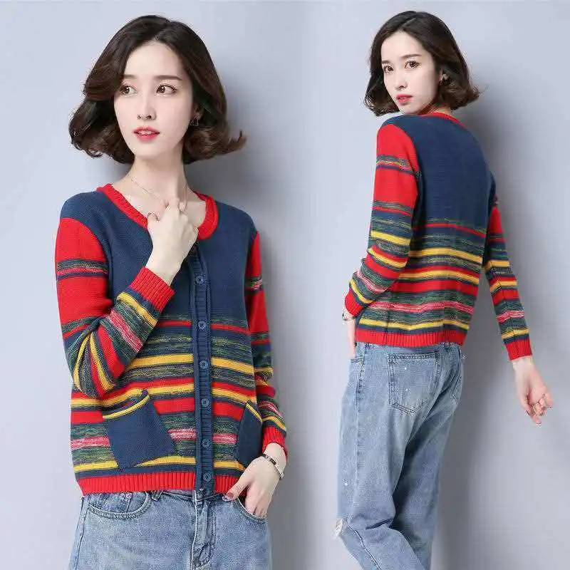 Y2K Women\'s Cardigans Knitted Sweaters Autumn Winter Fashion Female Button Striped Loose Vintage Casual Long Sleeve Coats Tops