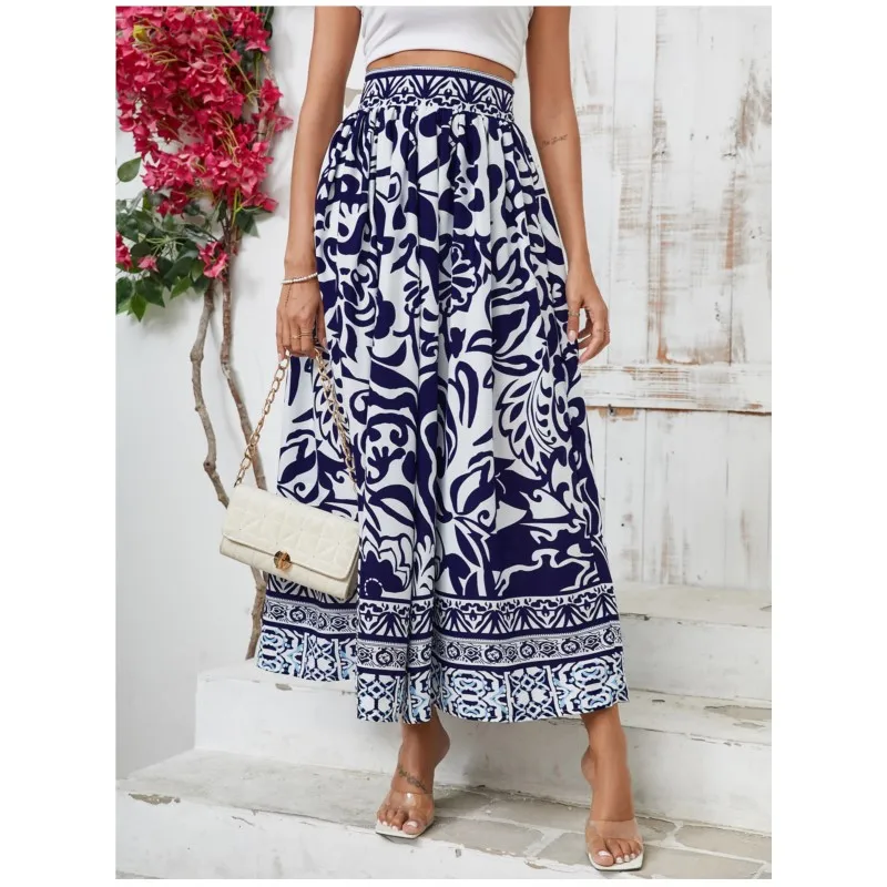 Women's new summer casual bohemian vacation style positioning flower high waist half skirt zipper element A-line long skirt 2025