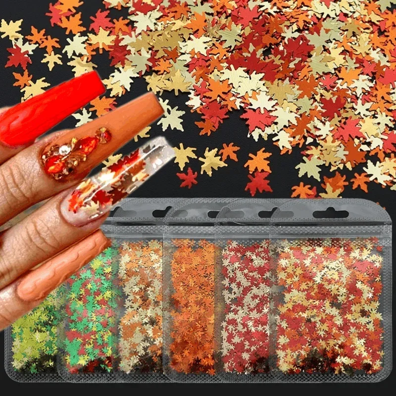 Mixed Maple Leaves Lantejoula Nail Glitter, Flocos, Outono, Colorido, Acessórios para Outono, Nail Art Decoração Suprimentos, 2g