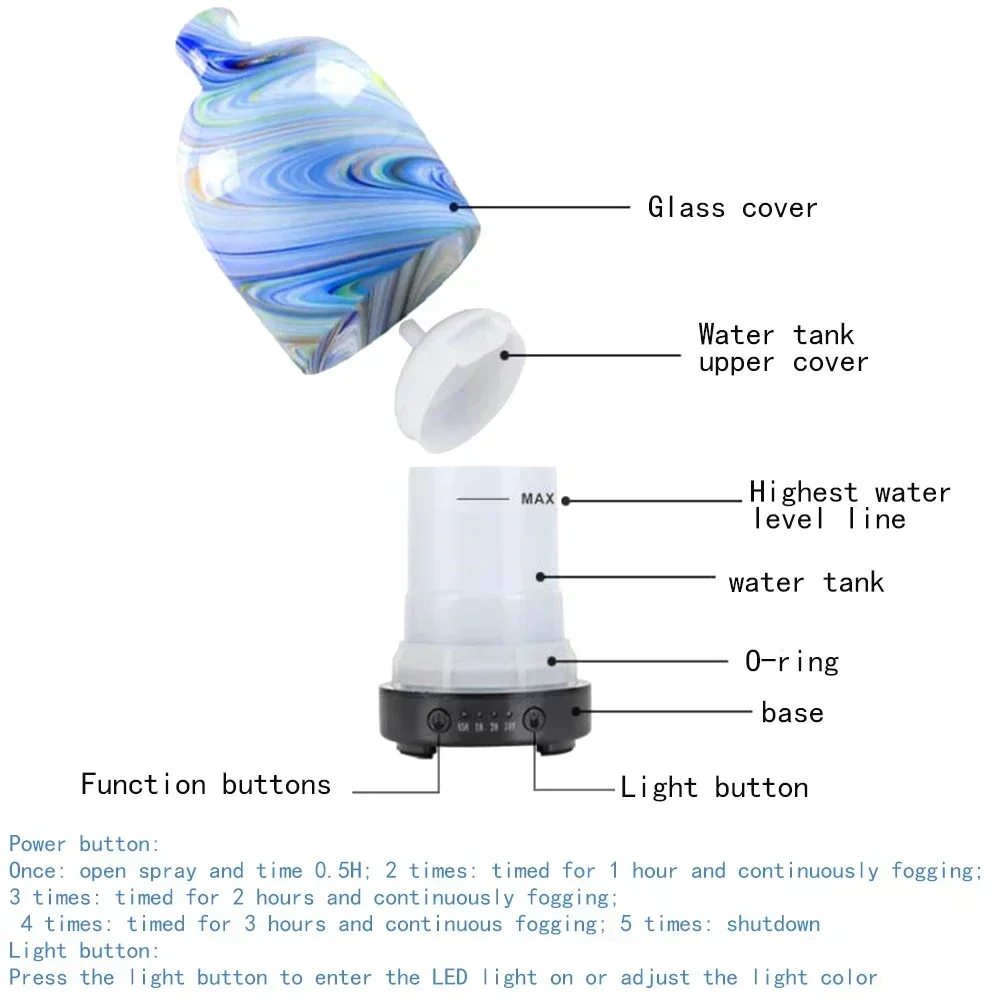 Difusor de óleo essencial aroma de vidro com design de mármore, umidificador de névoa legal artesanal, desligamento automático sem água para casa e