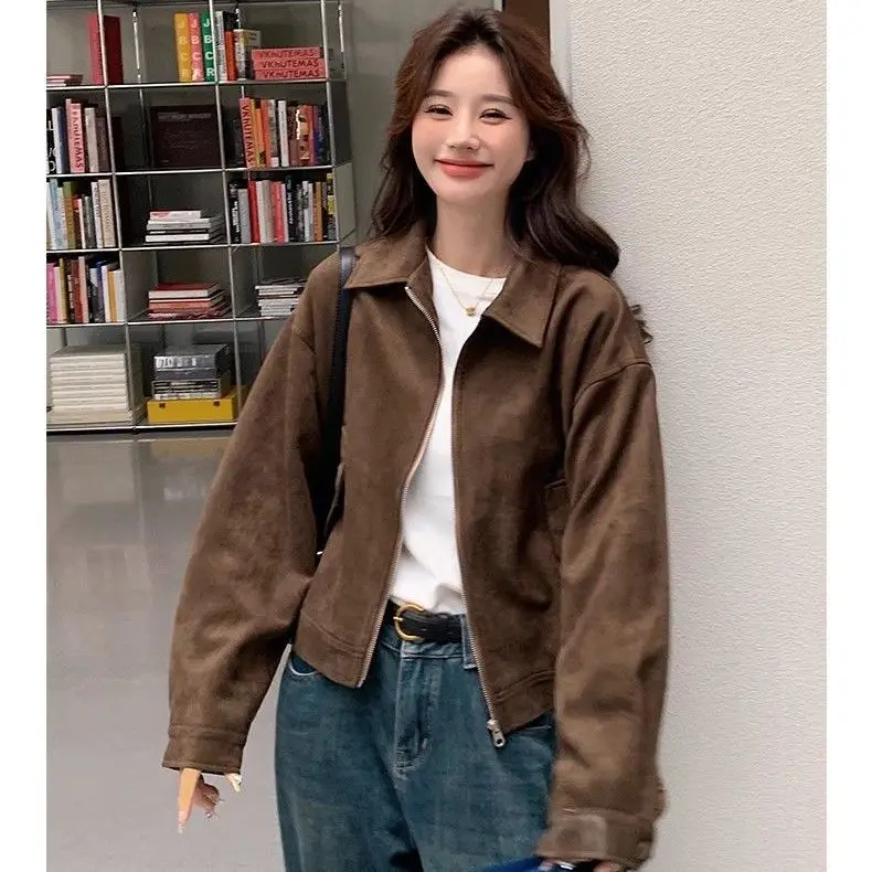 Kimotimo American Vintage Faux Suede Jacket Women Spring Autumn Retro Short Cargo Jacket Streetwear Y2K Aesthetic Coat