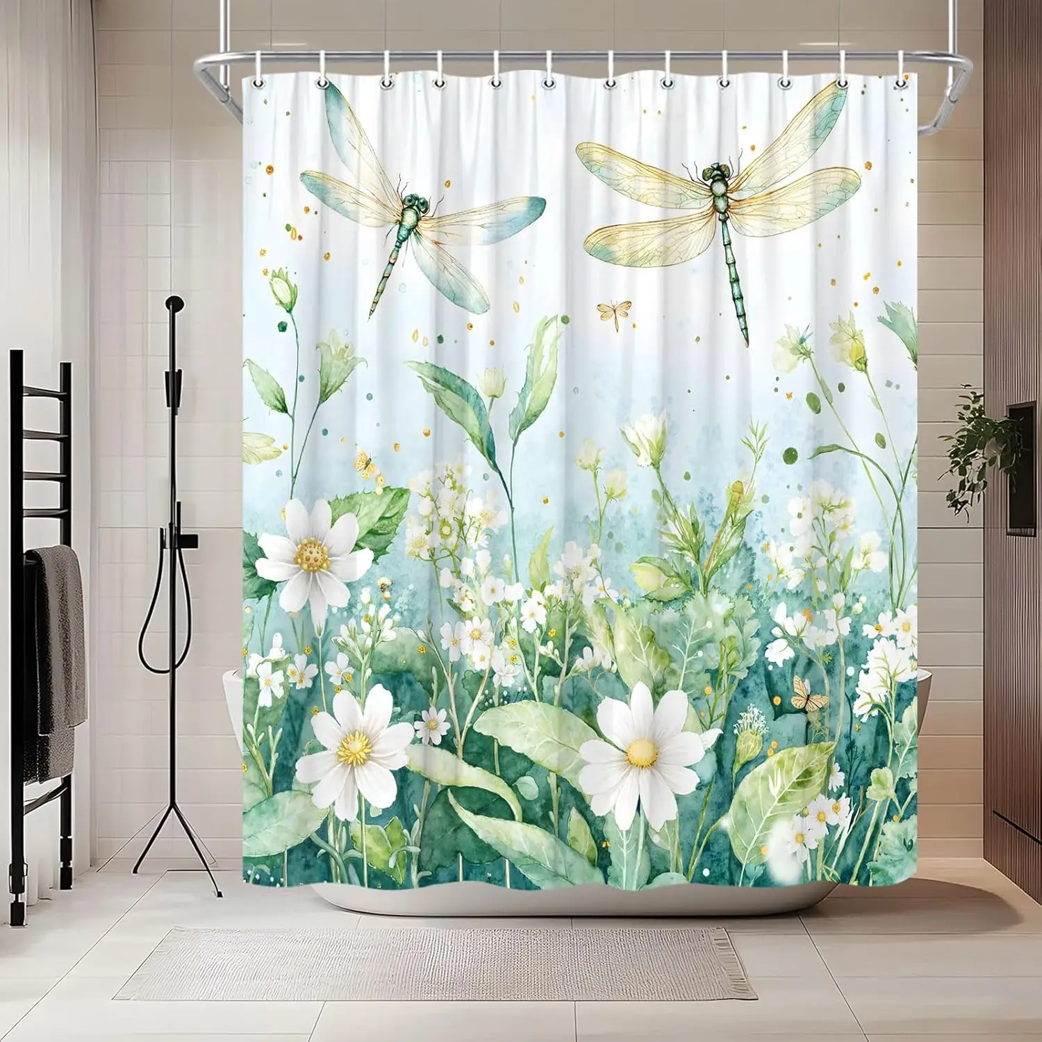 

Занавеска для душа с цветочным принтом в виде стрекозы, зеленые листья, фэнтези, акварель, весна, деревенский дикий цветок, брызги чернил, милые животные, ботанические женщины