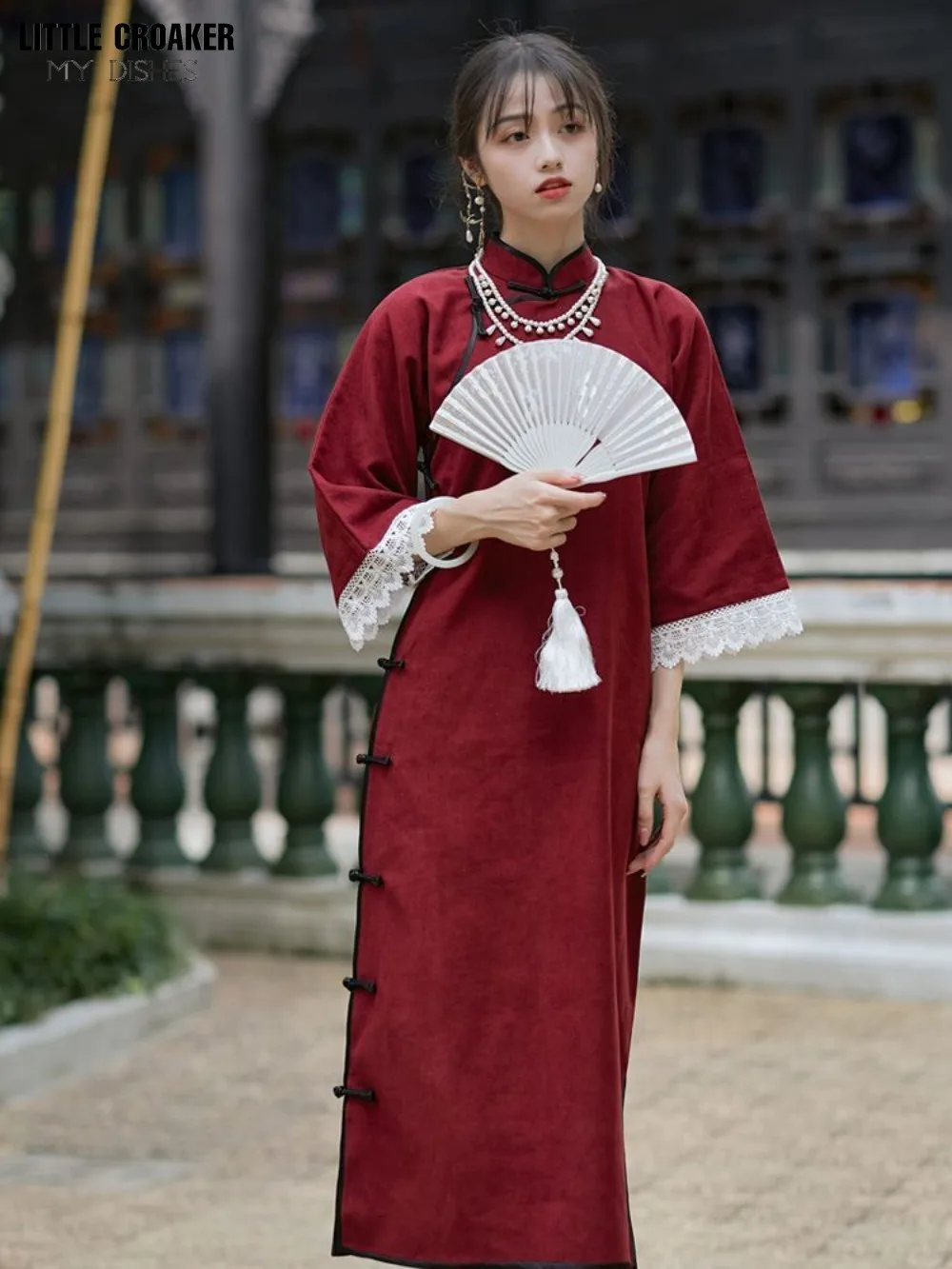 Full Open Front Large Sleeved Cheongsam for Women 2023 Spring and Autumn New Vintage National Style Red Literary Style Dress